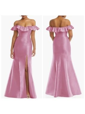 NWT Alfred Sung Off the Shoulder Ruffle Satin Trumpet Gown in Powder Pink - 14